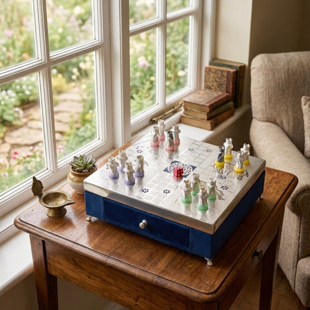 Luxury Silver Plated Ludo Board Game Set with Metal Pawns & Velvet Storage Box
