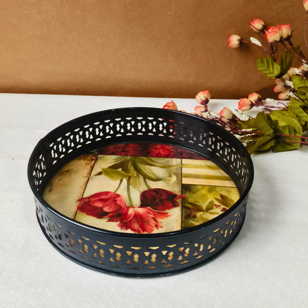 Metal Round Tray - Beige Flower Print  Large