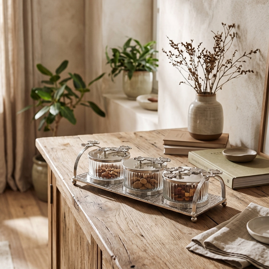 White metal Silver Plated Glass Jar Set with Decorative Tray and Lids - 3 pc set