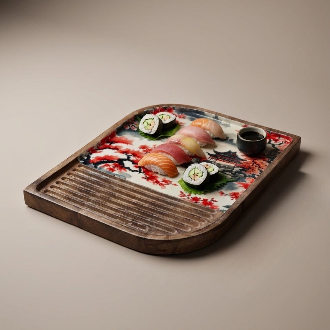 Japanese Art Print Enamel & Ribbed Wooden Rectangular Platter