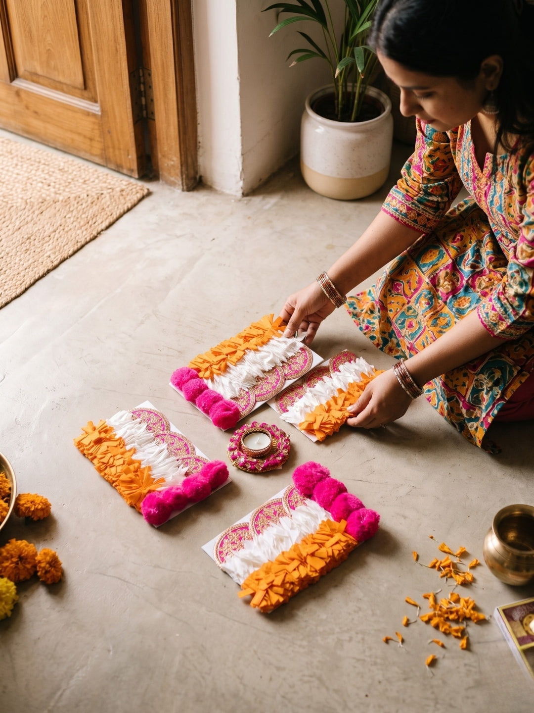 Handmade Swastika Rangoli Mat / rangolis with Diya Holder Single