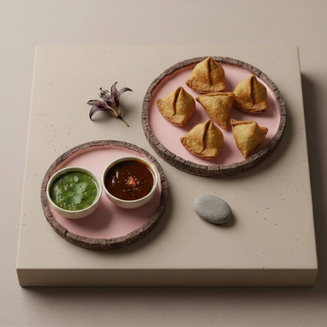 Peach Enamel Wooden Round Platter Set of 2 with Tulip Foil Print
