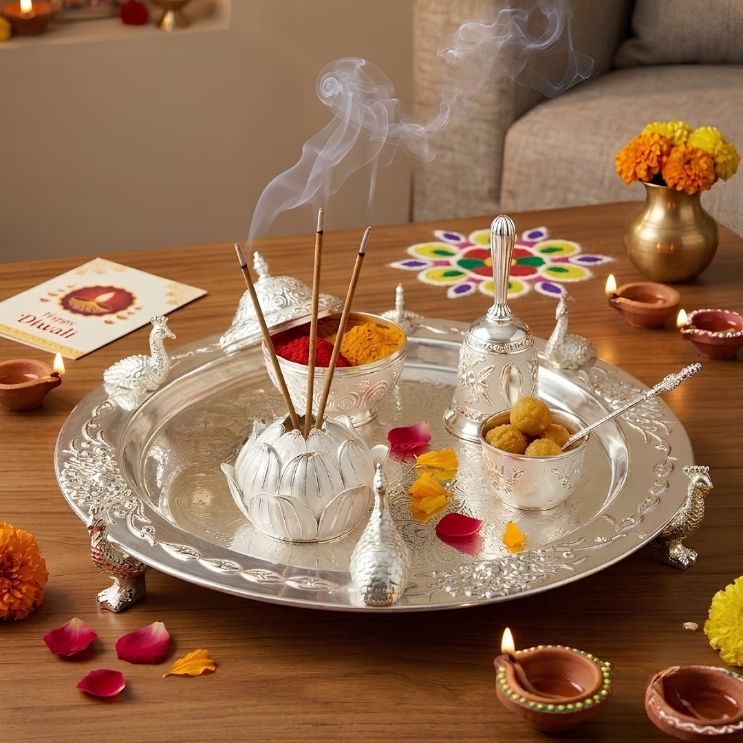 Silver-Plated Peacock Design Pooja Thali Set