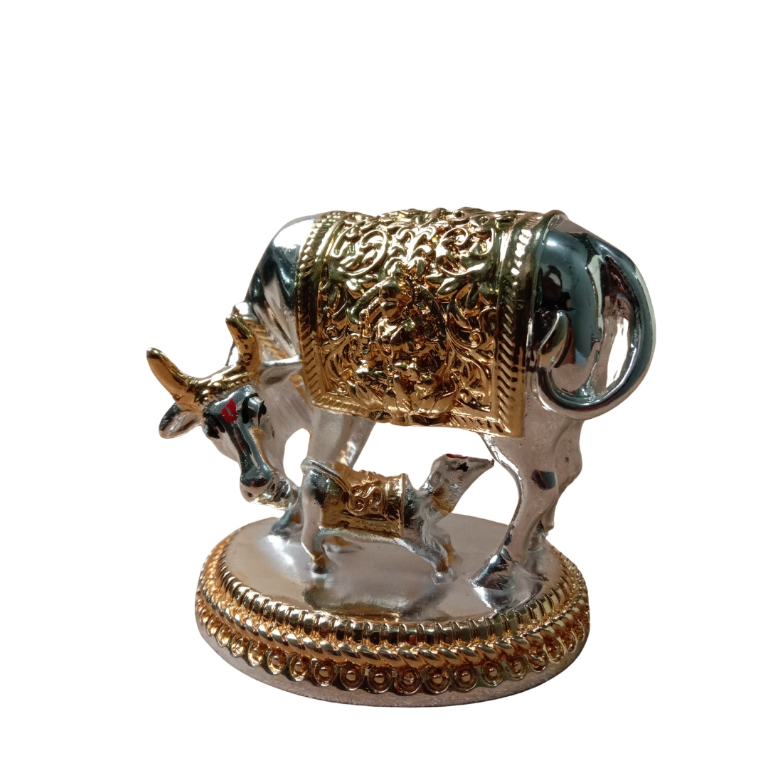 The Home Co- 999 Pure Silver & 24K Gold  Plated Kamdhenu Divine Vastu Cow and Calf Idol- 3"