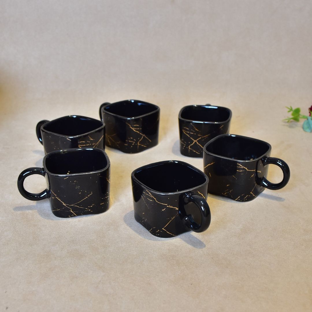 Ceramic Cup With Bamboo Tray Set Of 6 - Black