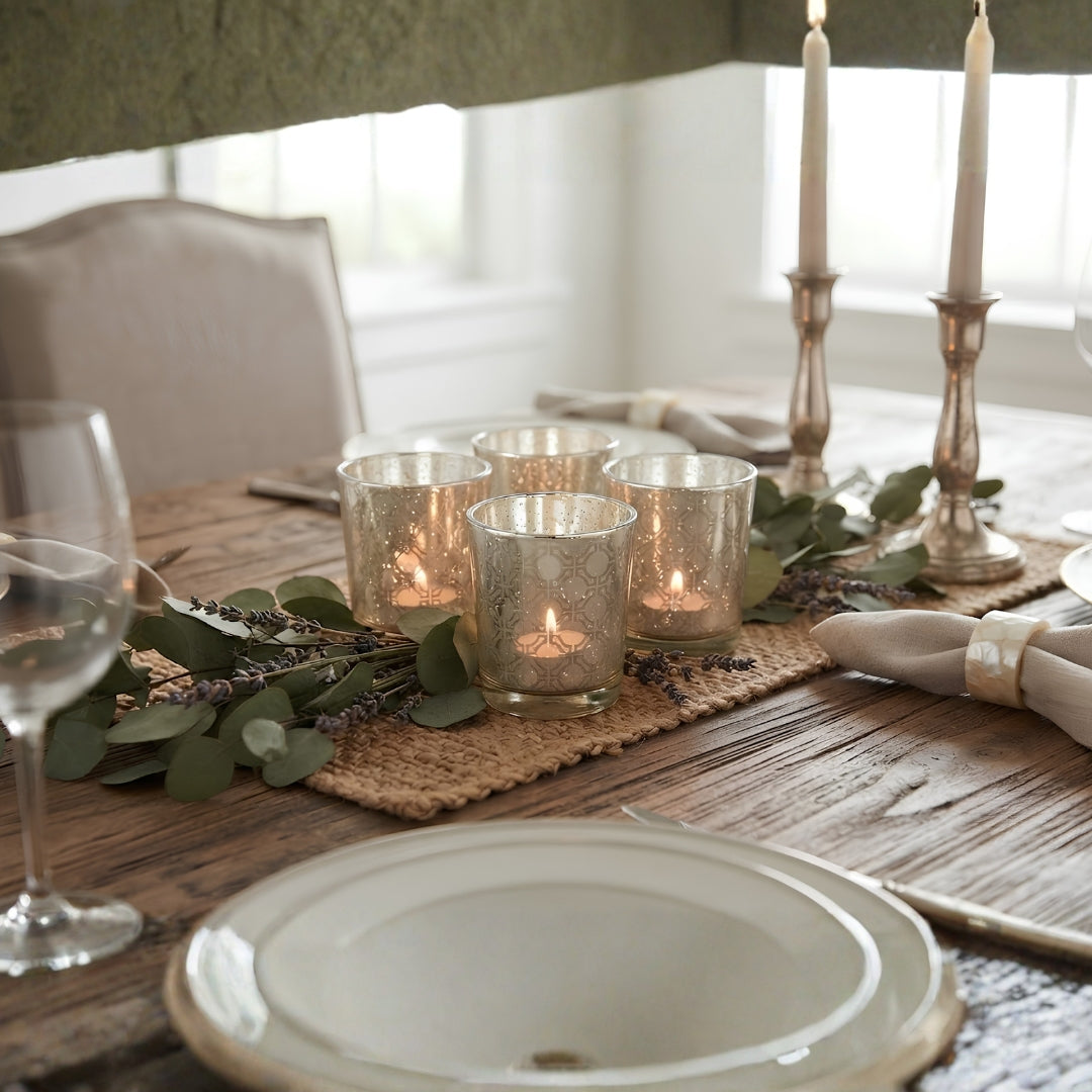 Etched MOsiac Silver Glass Votive Candle Holders - Elegant Small Set of 4