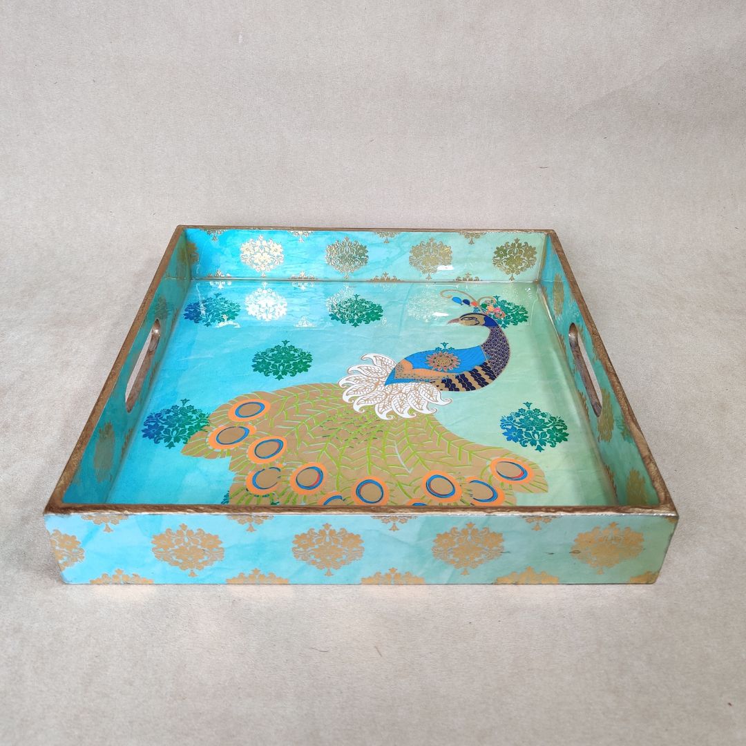 Square Tray Set Of 3 - Green Peacock