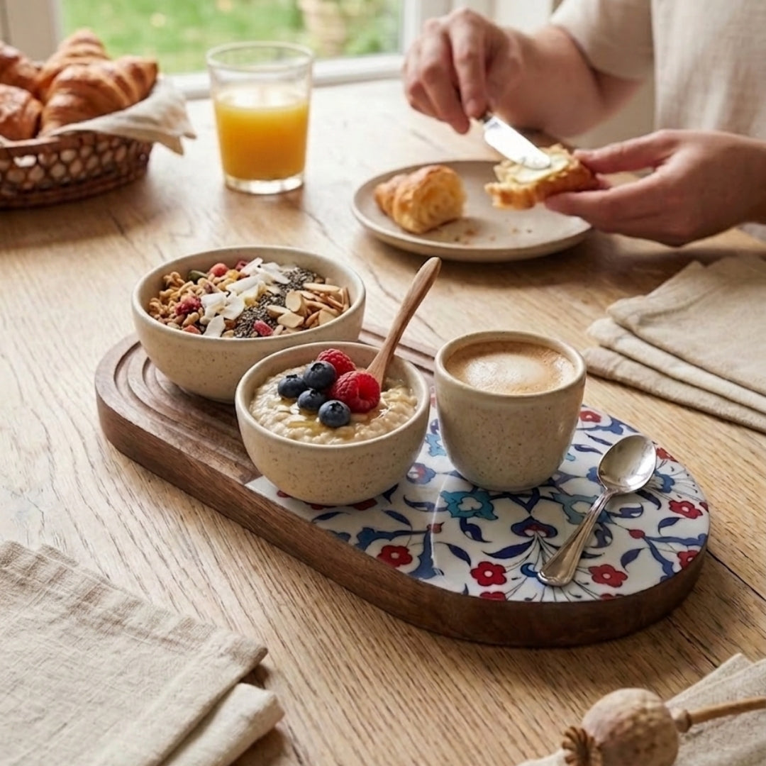 Turkish Print Enamel & Ribbed Wooden Oval Platter