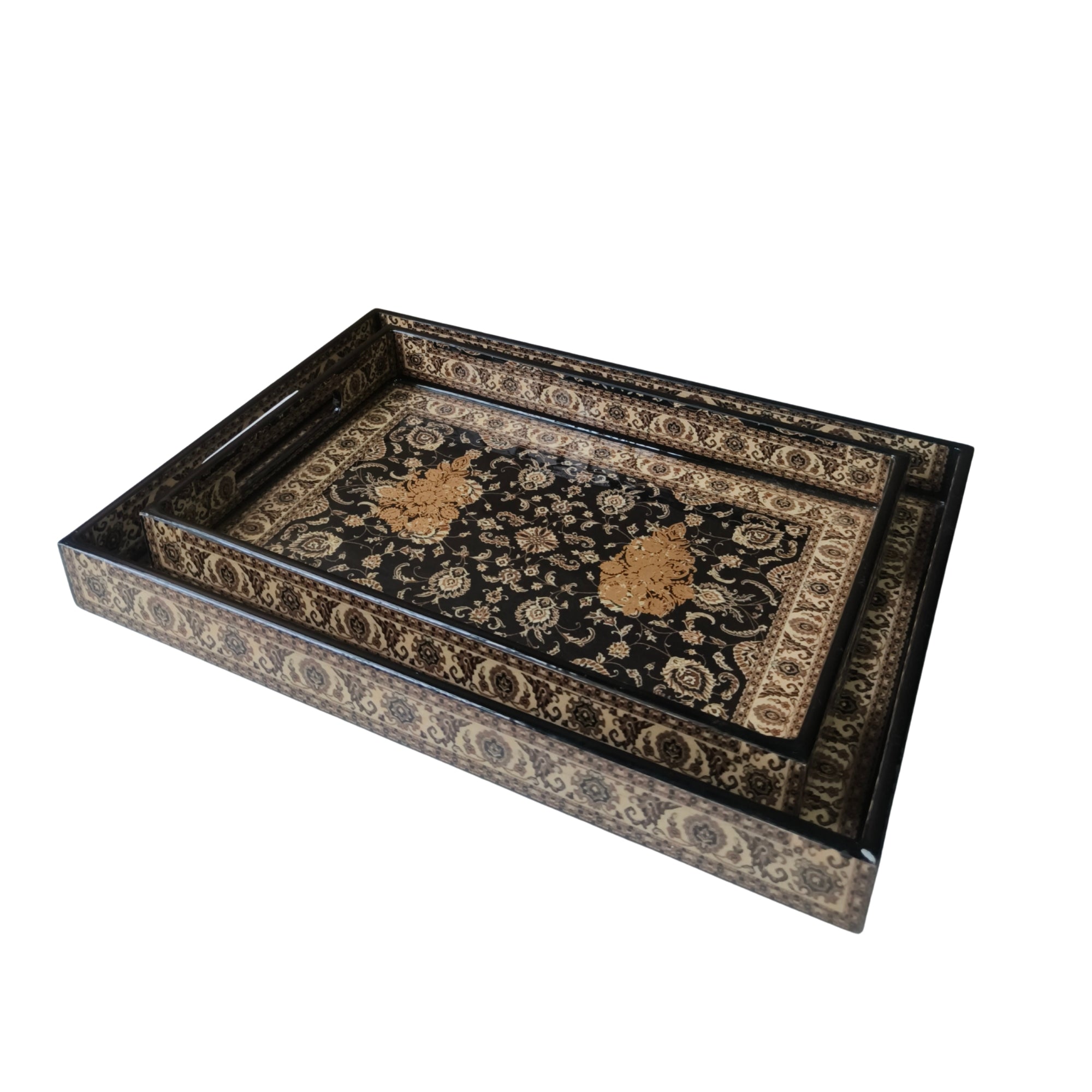 Wooden Black Turkey print & Enamel Tray set of 2