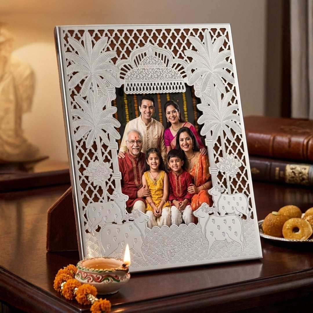 Silver Plated Pichwai Jhoomar & Cow Photo Frame (Tan Velvet Gift Box)