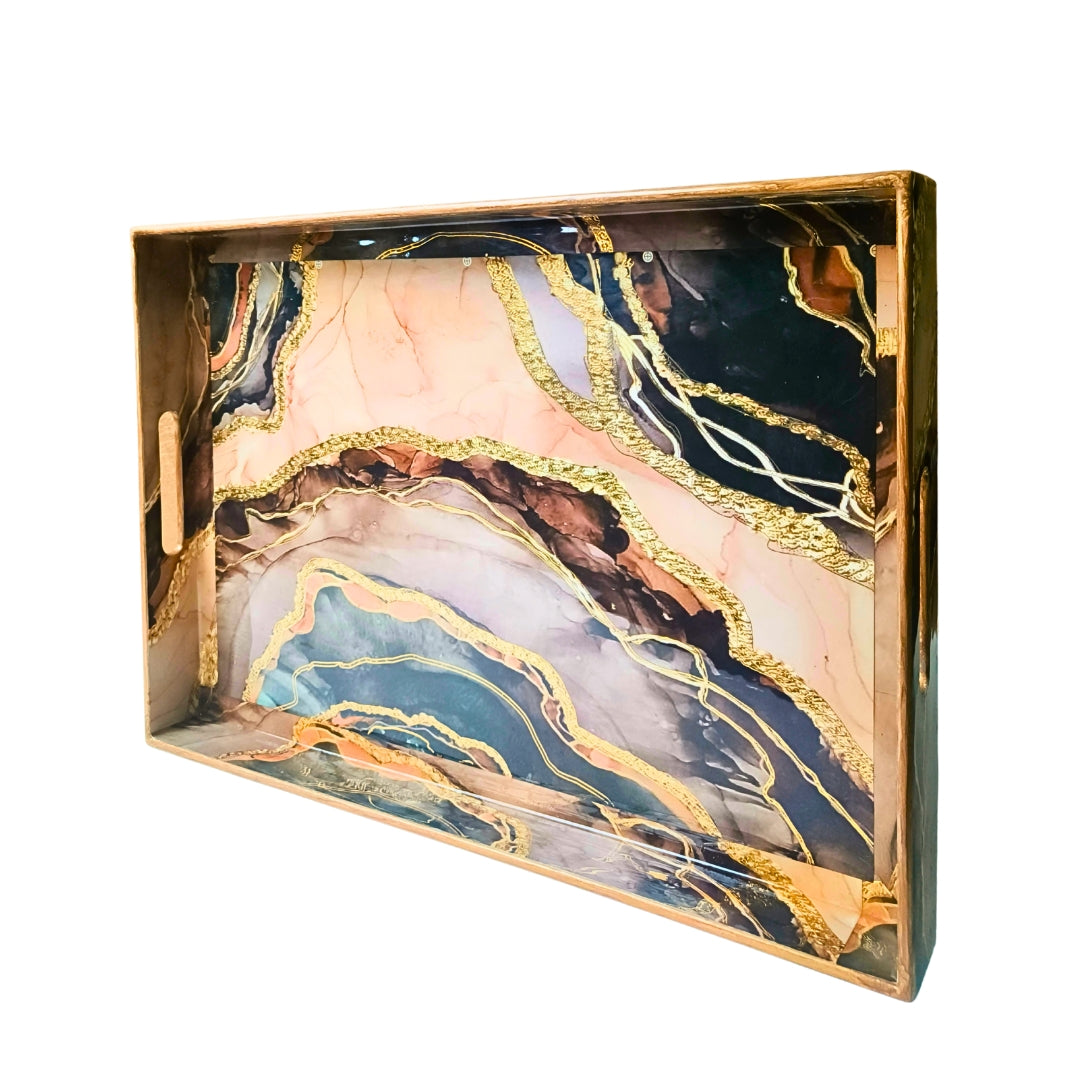 Wooden Brown Marble Print Design Enamel Tray