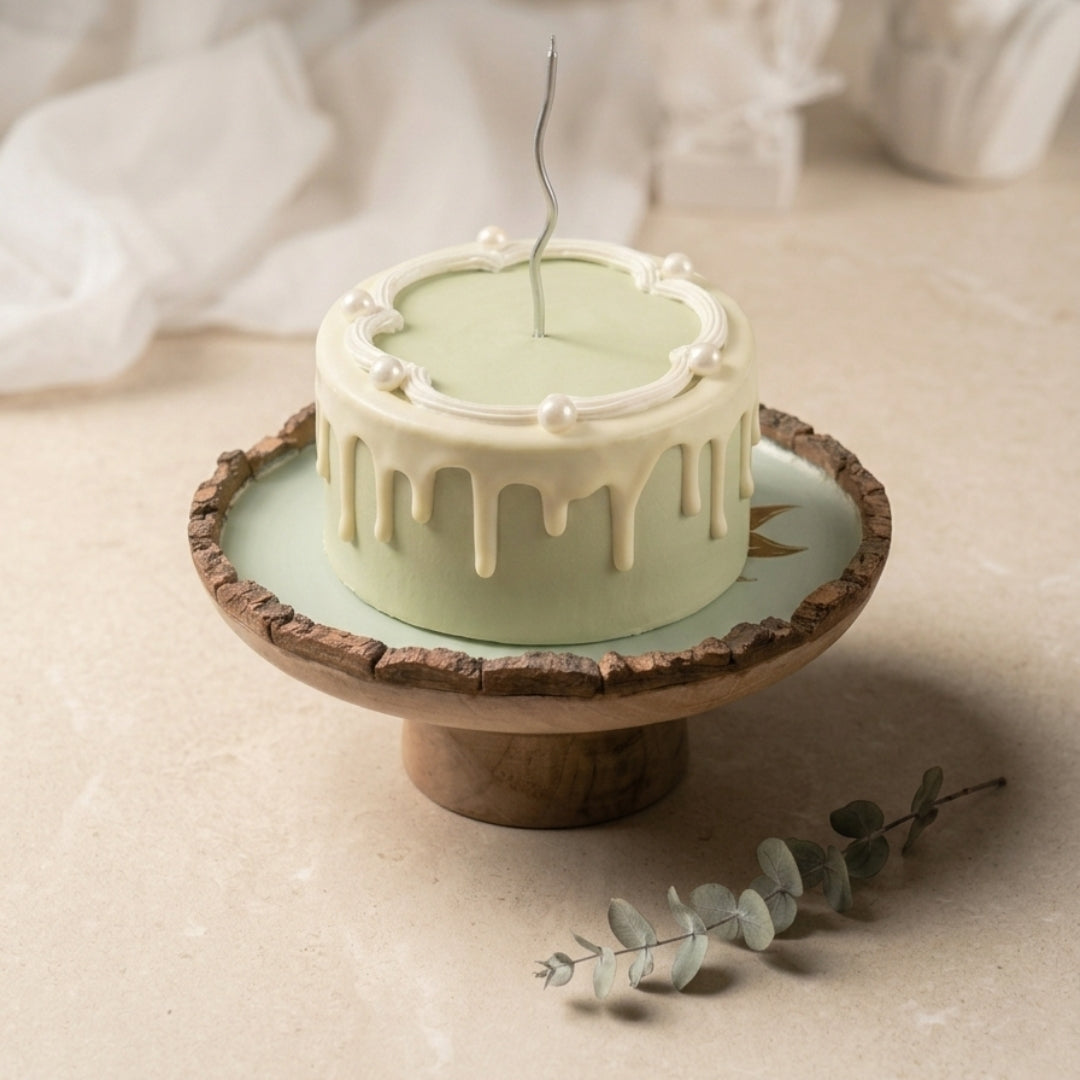 Green Enamel Wooden Cake Stand with Tulip Foil Print
