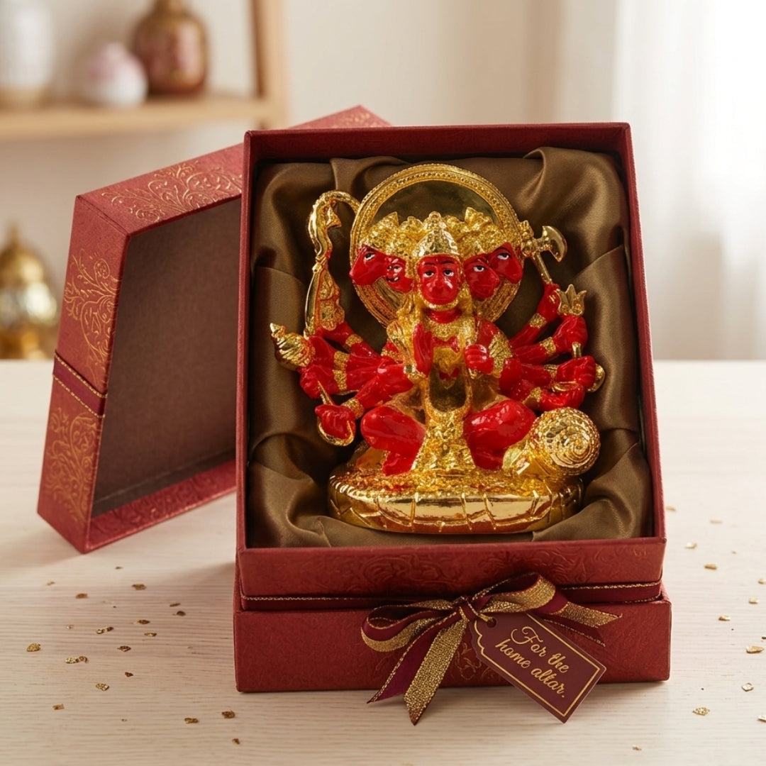 The Home CO-24K Gold Plated Panchmukhi Hanuman Fibre Idol | Orange Enamel Five-Faced Hanumanji Murti