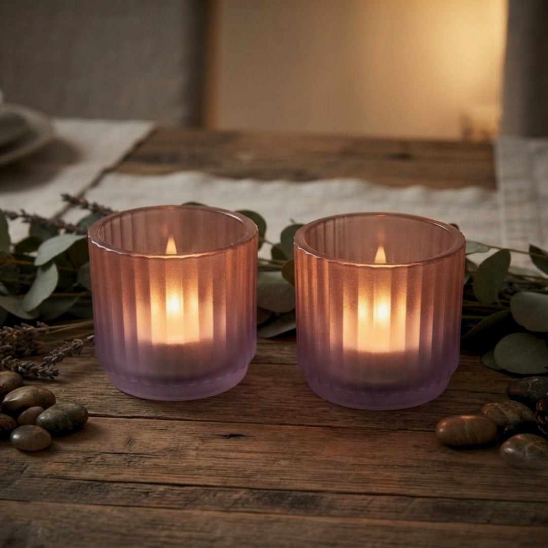 Set of 2 Pink & Purple Ribbed Glass Tea Light Holders