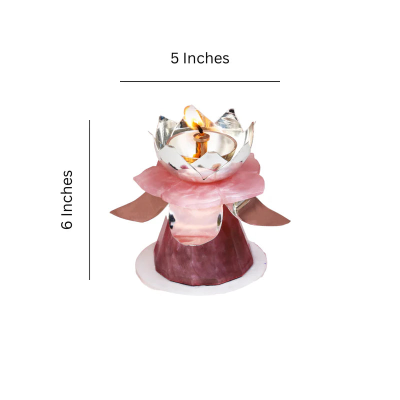 Brass Silver Plated Diya With Pink Resin Petal And Base