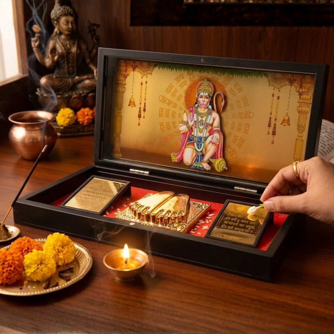 24K Gold Plated Hanuman Ji Idol with Sacred Charan Paduka Pooja Box