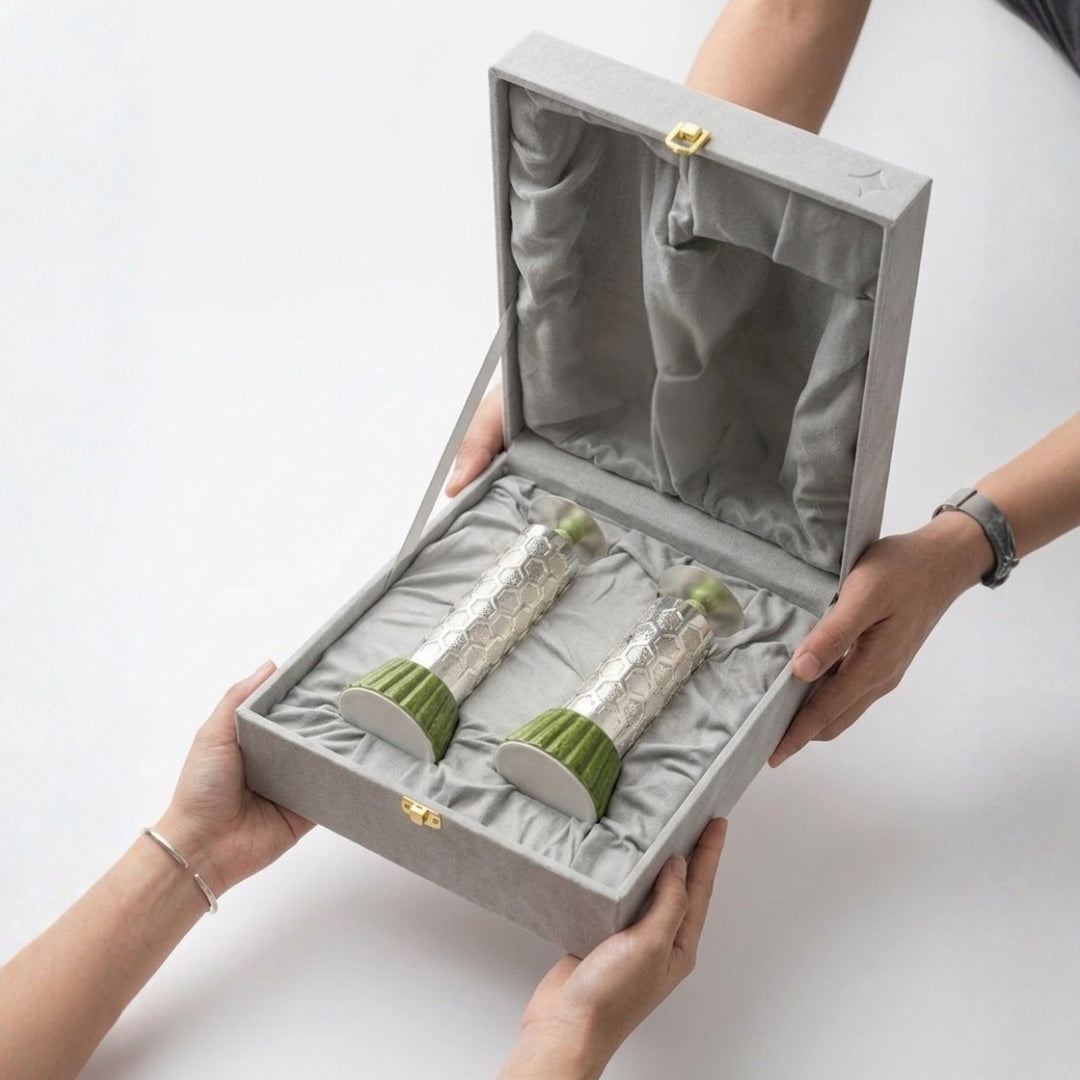 Luxury Silver Plated Pillar Candle Holder Set of 2 in Premium Velvet Box