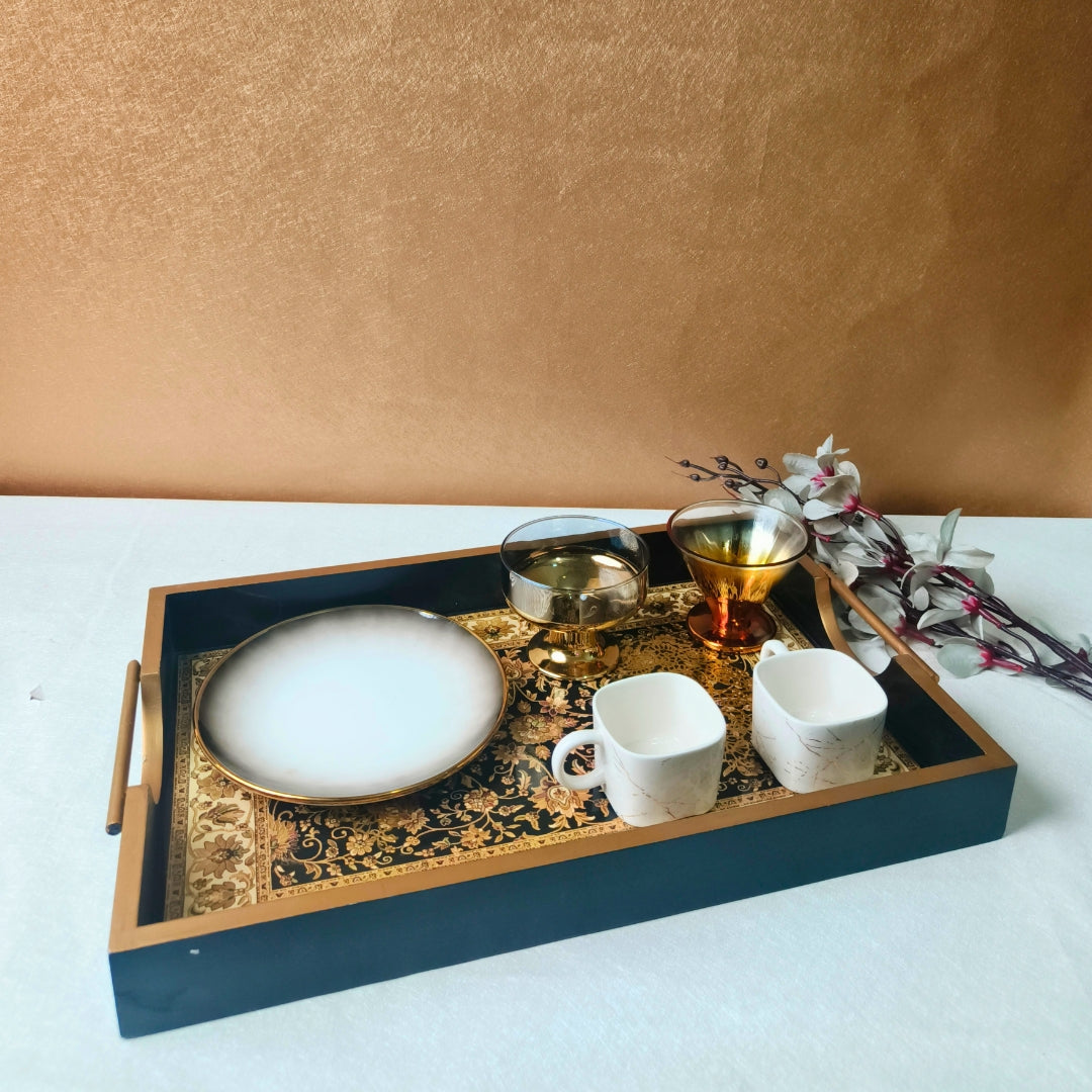 Turkish black & Beige Digital Print Enamel Tray Large