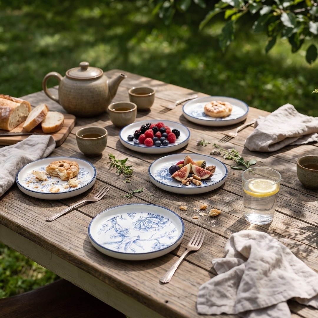 6 Psc Blue & White Floral Ceramic Round Platter Set