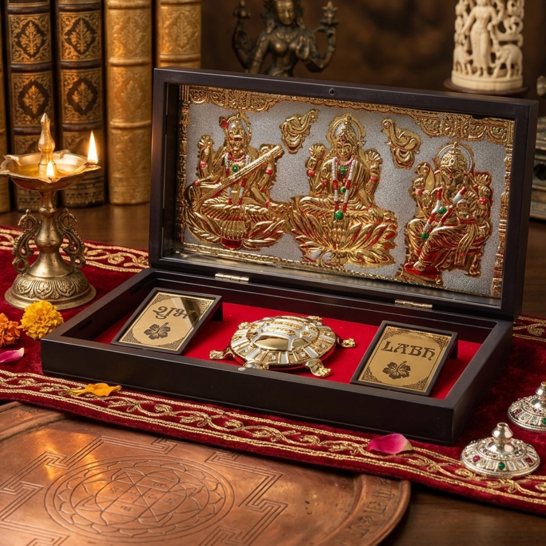 999 Pure Silver & 24K Gold Plated Laxmi Ganesh Saraswati Idol with Feng Shui Kachua Pooja Box