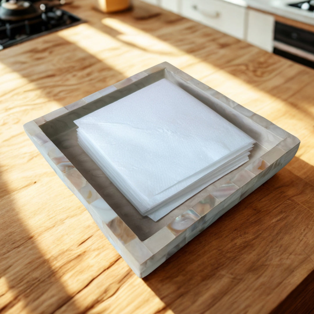 Wooden Mother of pearl & white enamel Bathroom Set of 3