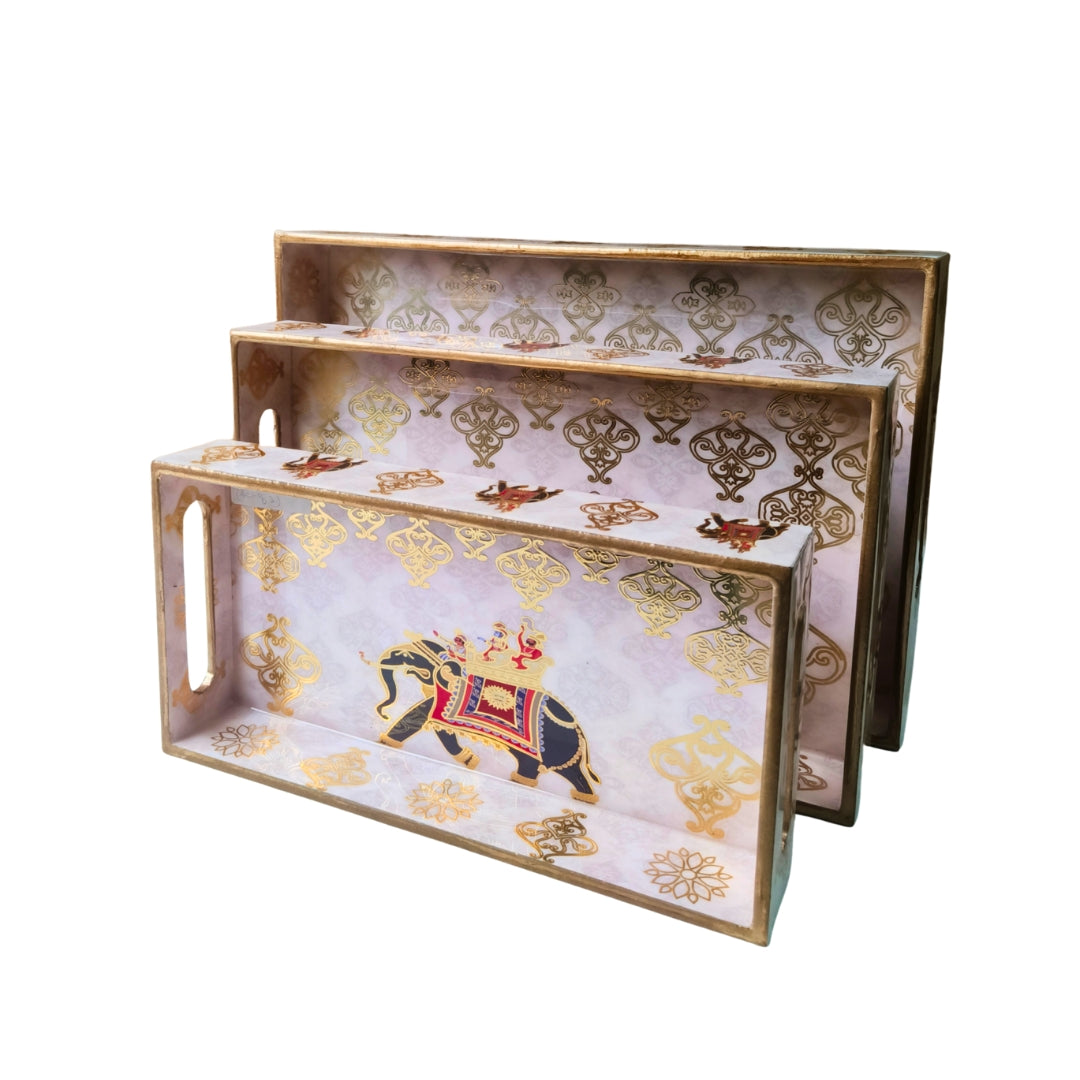 Elephant Design Enamel Tray (Set Of 3)