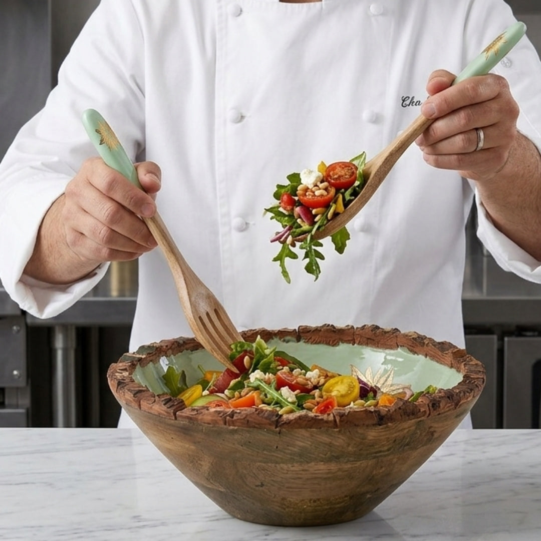 Green Enamel Wooden Salad Bowl with Tulip Foil Print