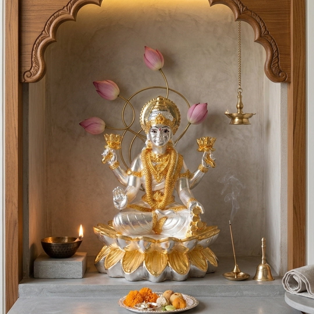 The Home Co. Divine Goddess Lakshmi Idol | 999 Pure Silver & 24K Gold Plated Murti on Lotus Base | Premium Fiber Vastu Decor & Gifting