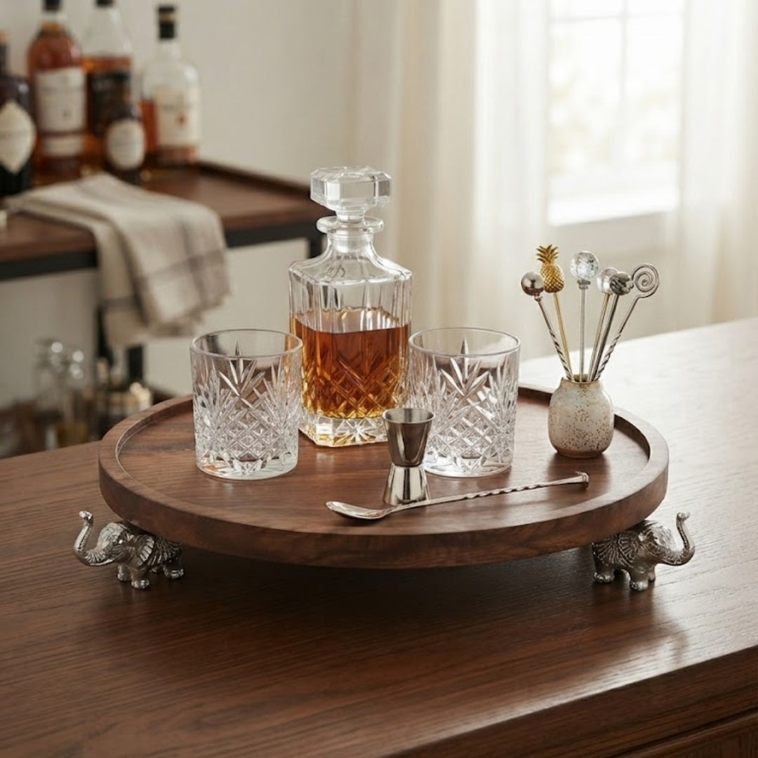 Wooden Round Serving Tray with Silver Elephant Feet