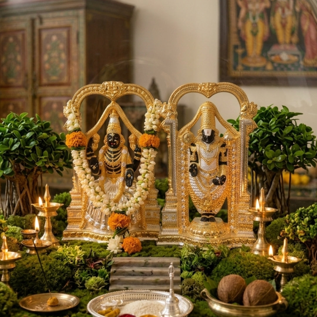 The Home Co. 999 Pure Silver & 24K Gold Plated Tirupati Balaji & Padmavathi Murti Set | Premium Dual-Tone Divine Idols for Mandir & Corporate Gifting