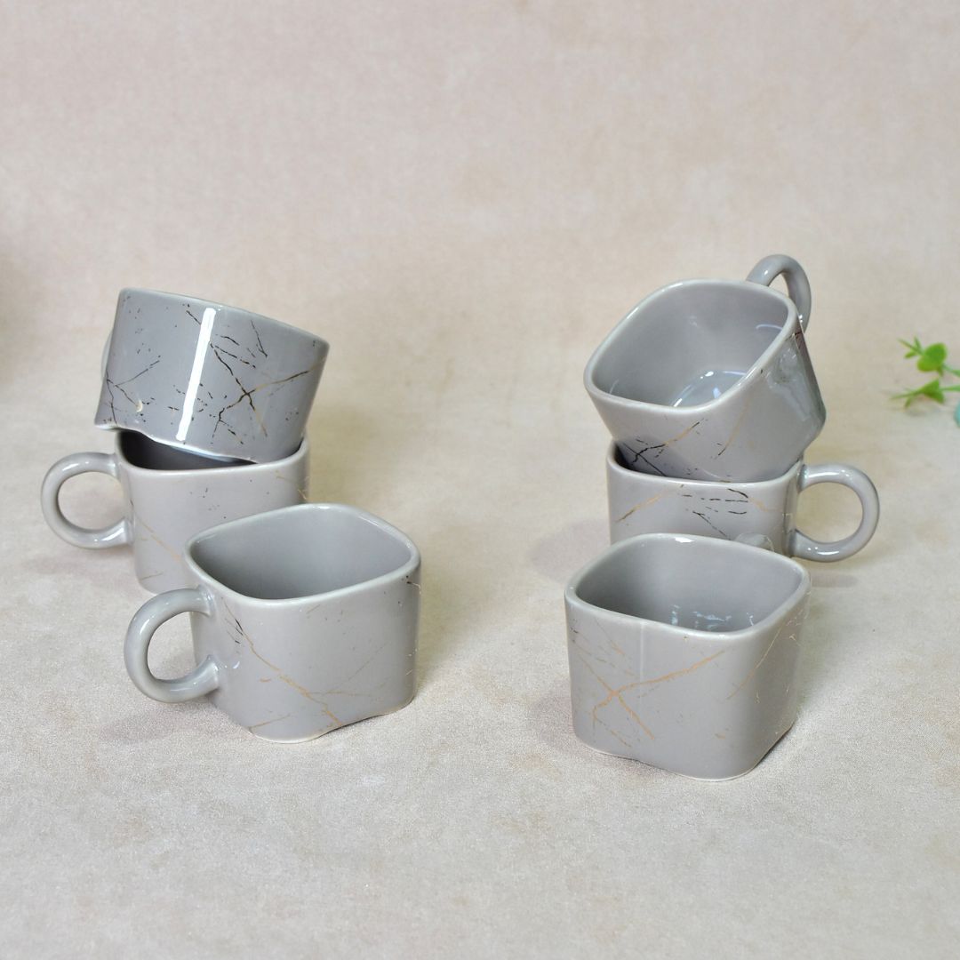 Ceramic Cup With Bamboo Tray Set Of 6 - Grey