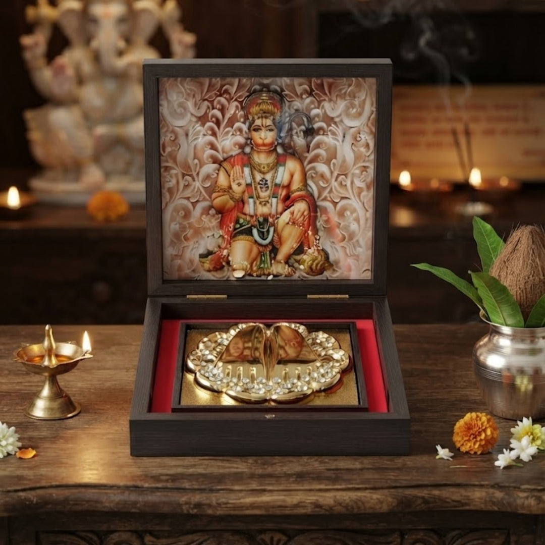 Lord Hanuman Golden Charan Paduka in Wooden Box