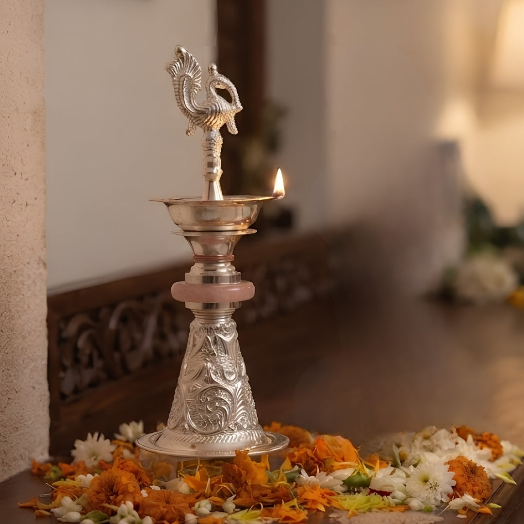 Silver-Plated Peacock Diya  with Velvet Gift Boxe- PINK SINGLE PC