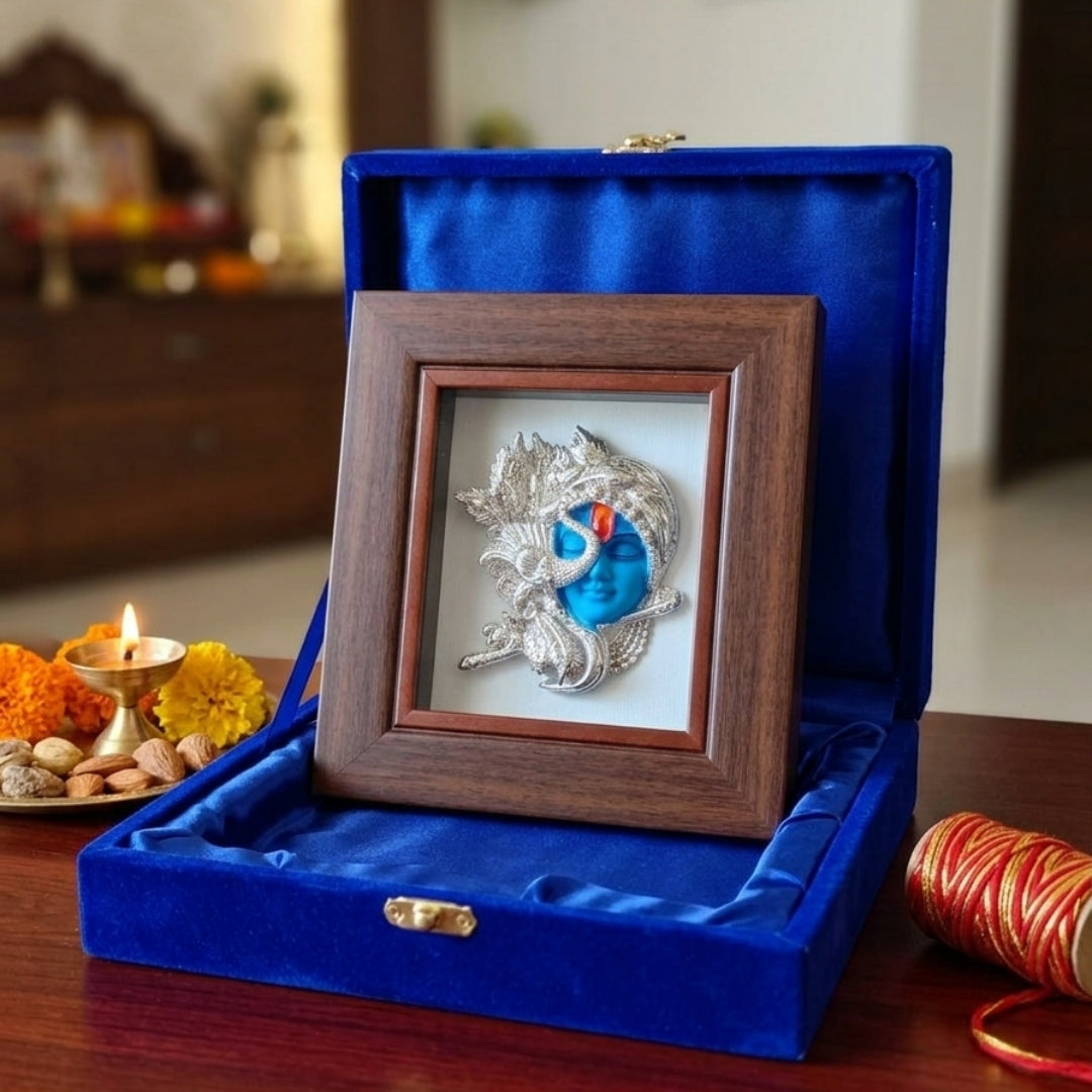 999 Pure Silver Plated Krishnaji Frame |  Lord Krishna Idol Black Face wall/Table Decor