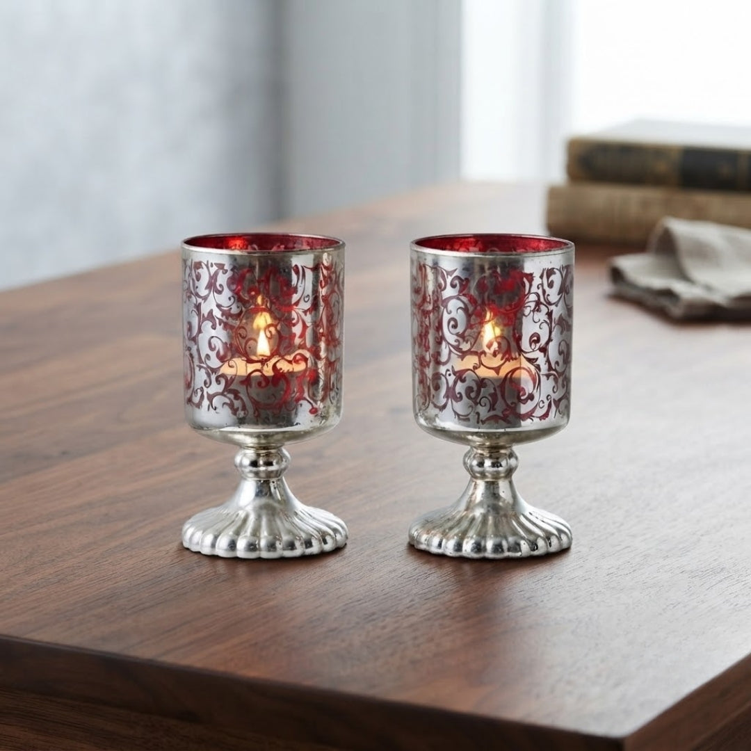 Set of 2 Orange Etched Glass Votive Tea Light Holders