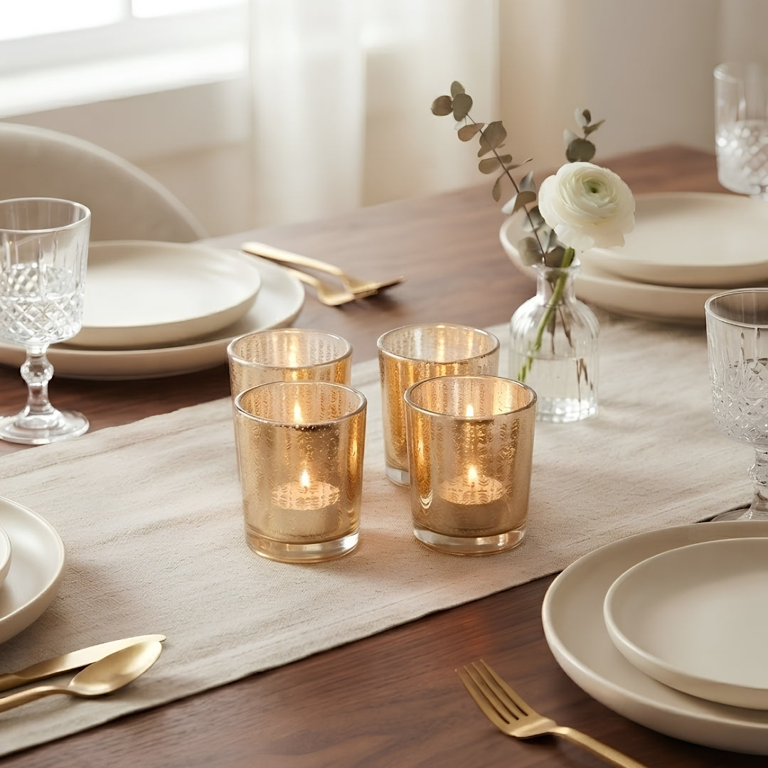 Set of 4 Yellow Glass Votive Candleholders with Delicate Leaf Etching