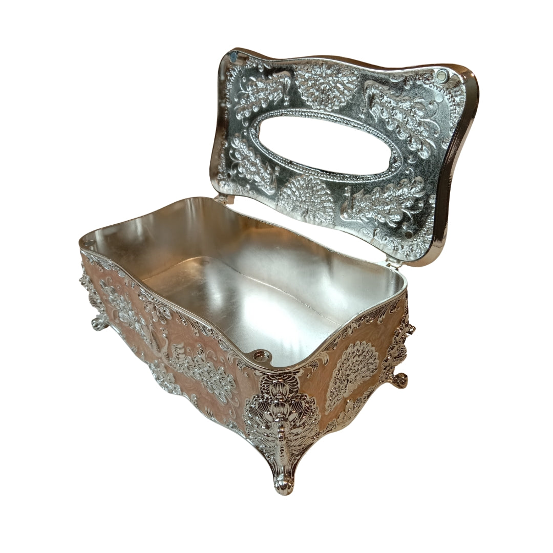 Tissuebox-white metal with peach enamel peacock design