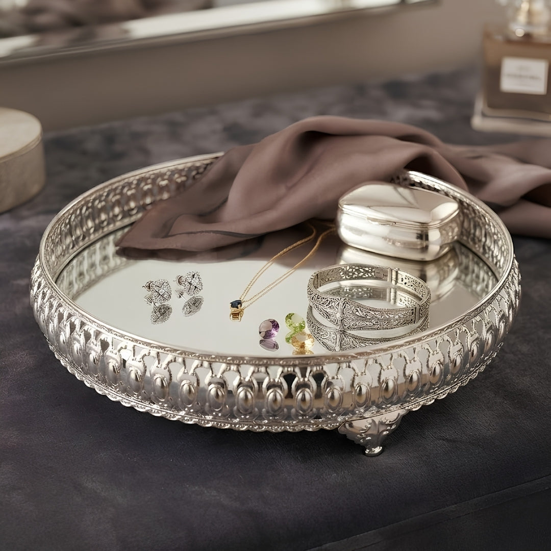Decorative Silver Filigree Mirrored Tray with Feet