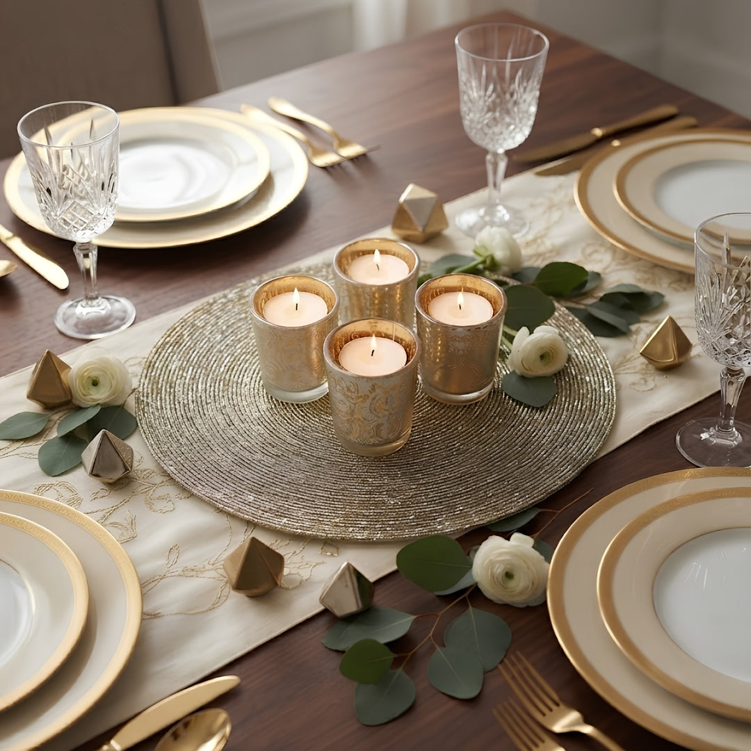 Etched Yellow Glass Votive Candle Holders - Elegant Small Set of 4