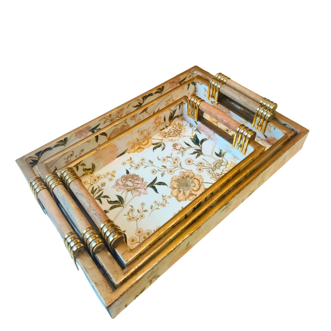 Tray Set Of 3 - White Flower with Wooden Handle