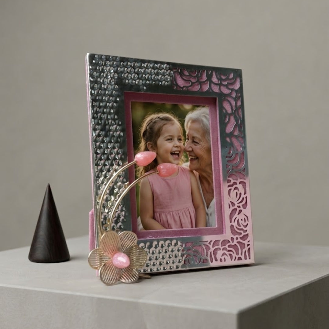 Silver Plated Hammered Photo Frame with Lotus Bud Accent | Premium Luxury Gift Box