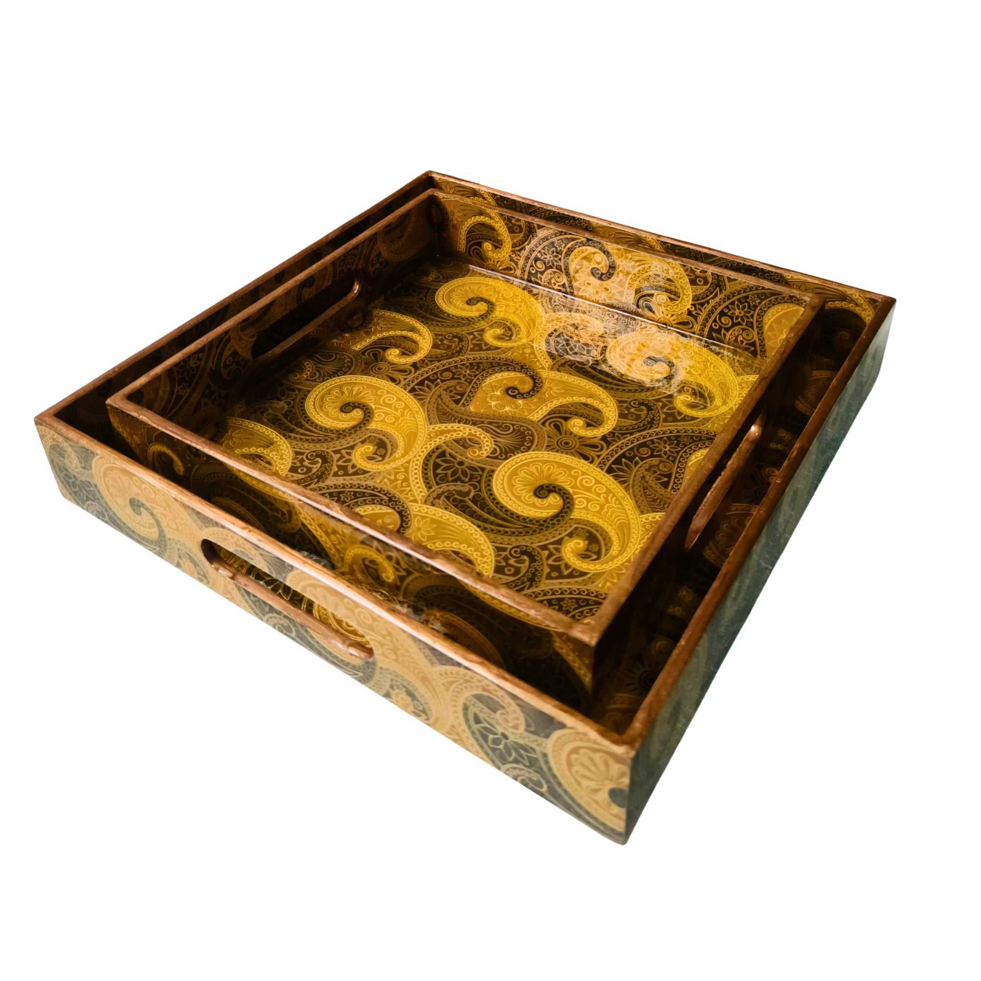 Rectangle wooden Gold Keri Embossy Design Enamel Tray set of 2