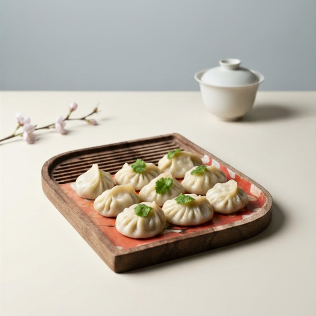 Flamingo Print Enamel & Ribbed Wooden Rectangular Platter
