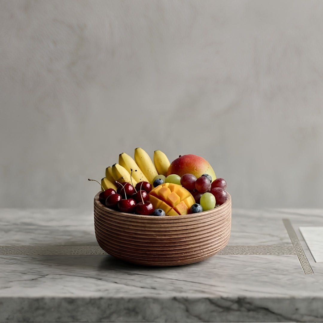 Flamingo Print Enamel & Ribbed Wooden Salad Bowl Set