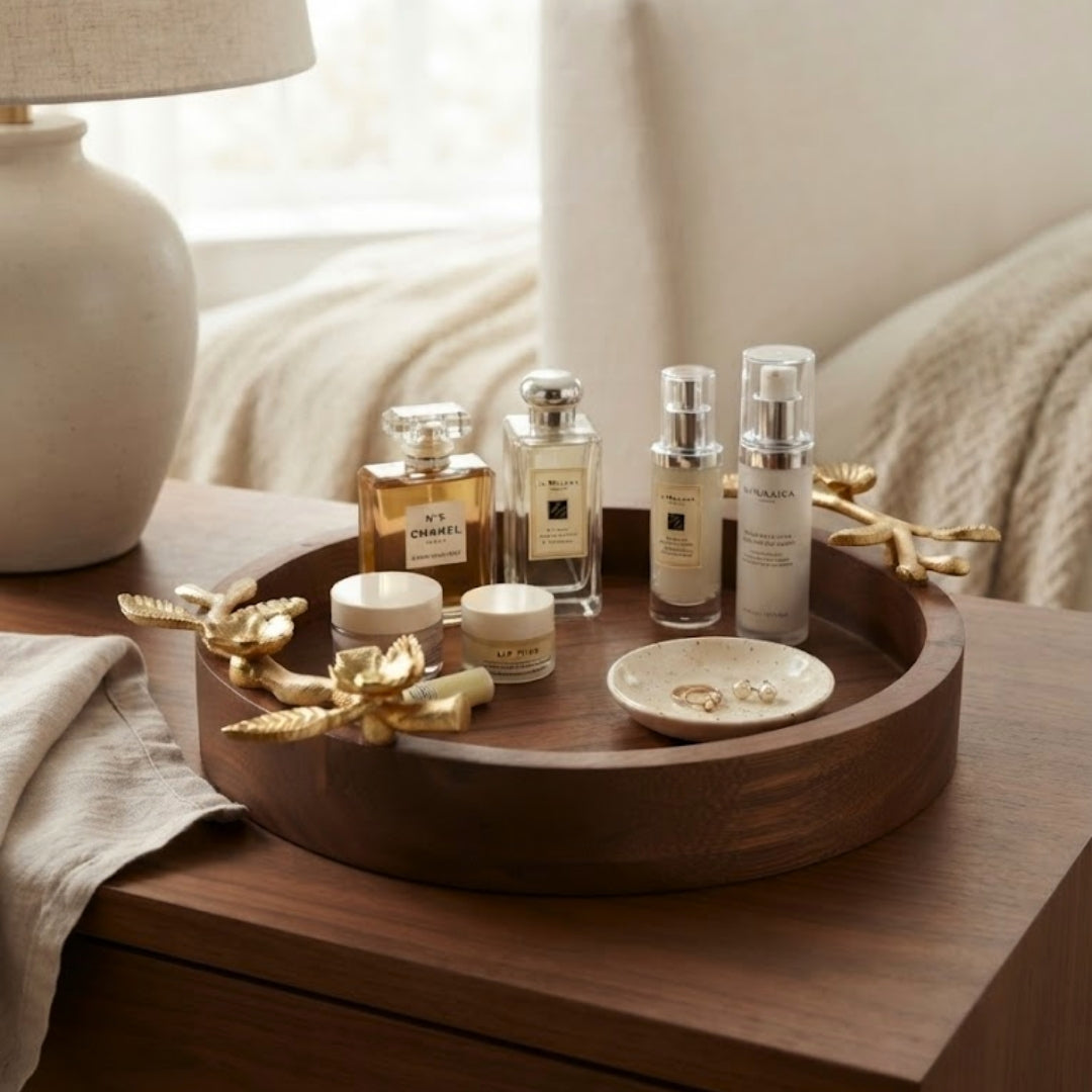 Wooden Small Round Serving Tray with Gold Floral Branch Handles
