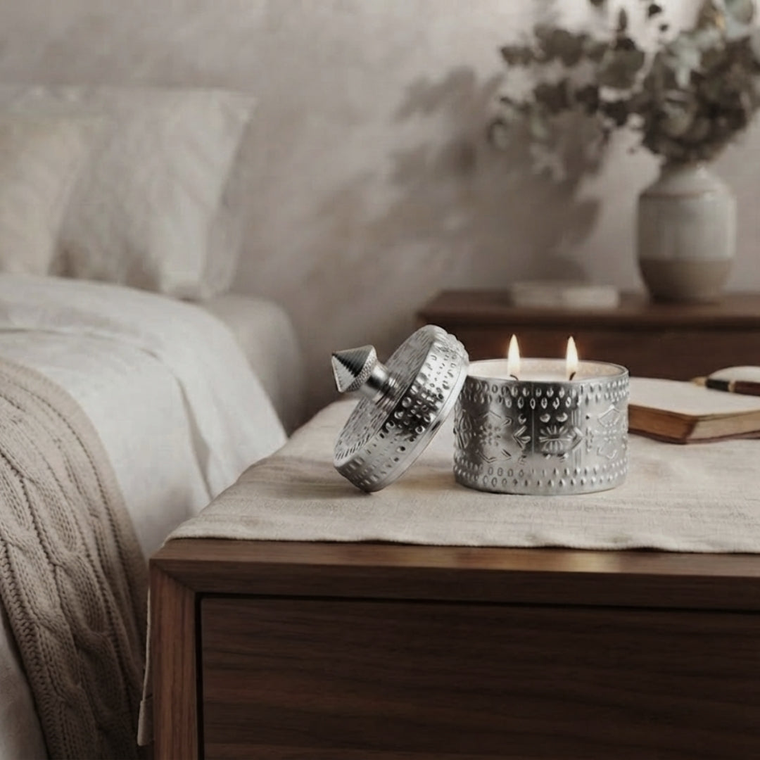 Decorative Silver Embossed Glass Jar with Scented Wax - Elegant Candle Holder