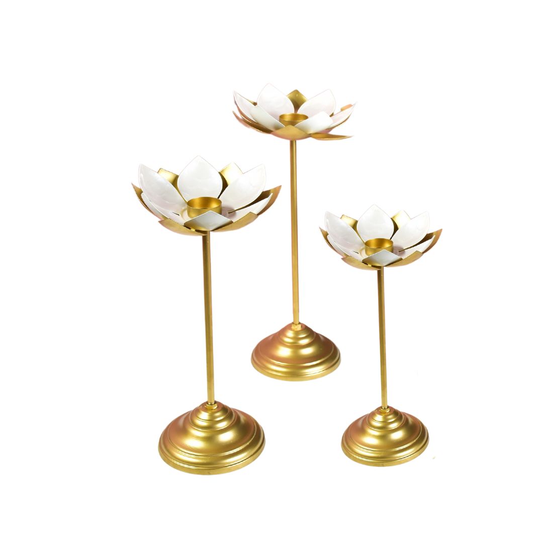 White Enamel Lotus Stick Set Of 3