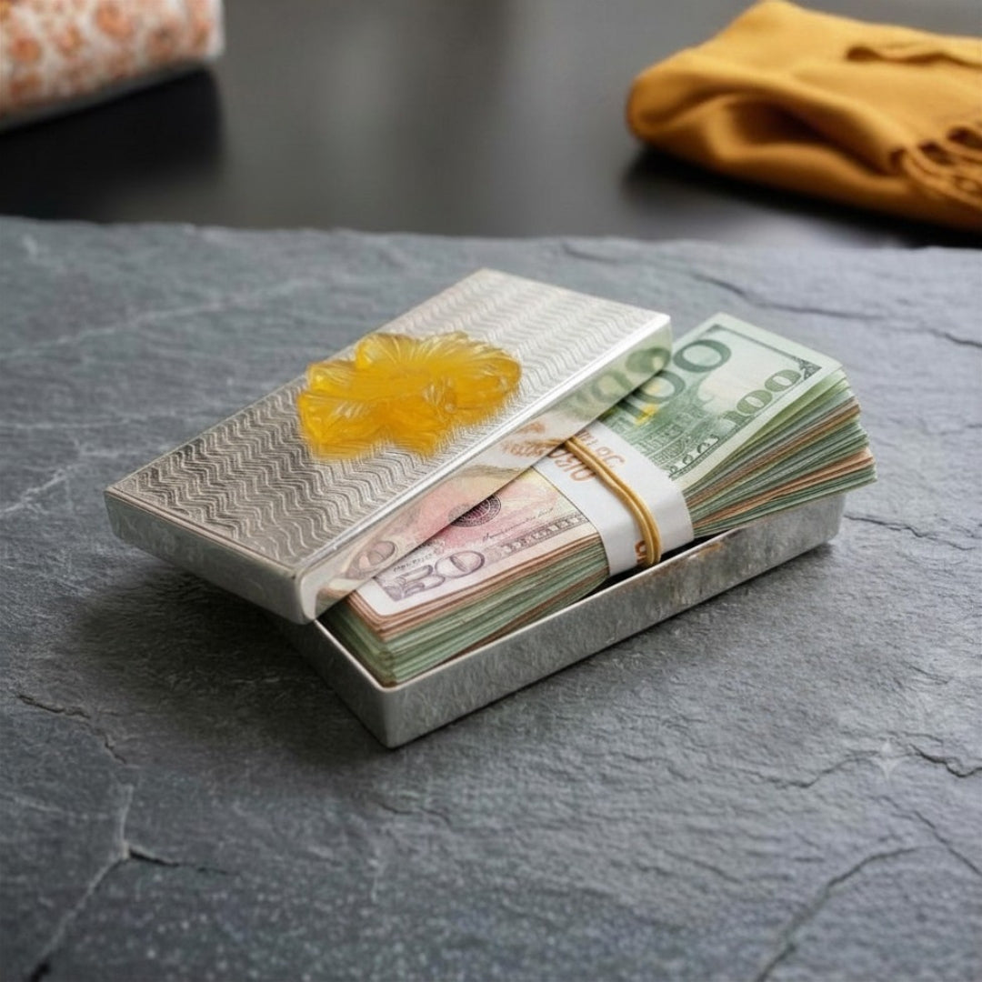 Luxury Silver Plated Cash Box with Yellow Resin Motif & Premium Velvet Case