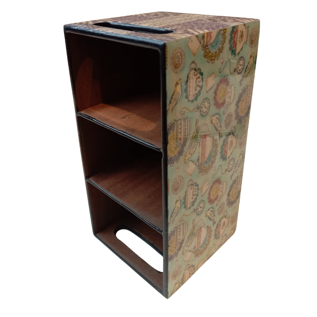 Wooden Blue Cup Print & Enameled 3 Partition Caddy