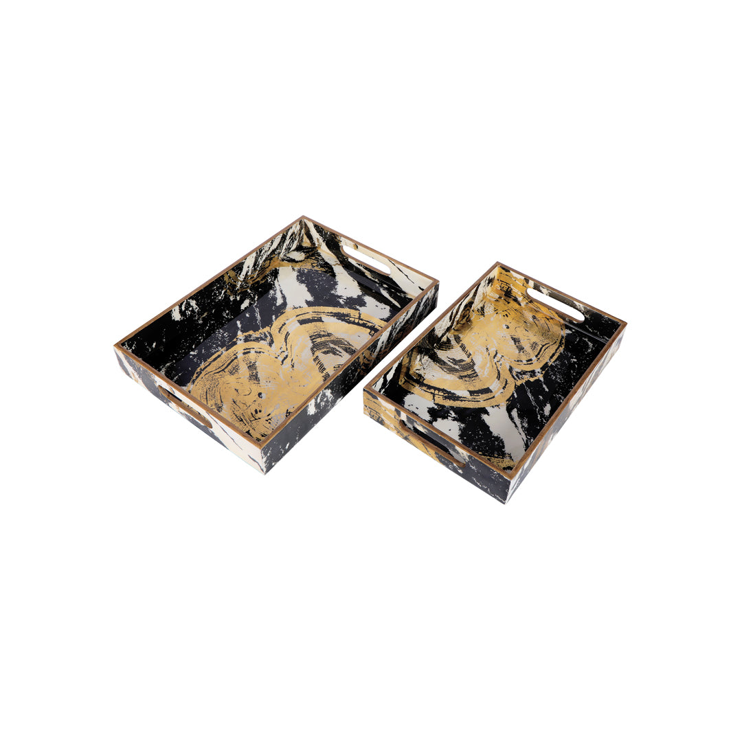 Tray Set Of 2 - Gold Black Spiral